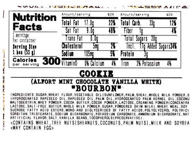 A close-up zoomed image of the nutrition label from the BOURBON Alfort Mini Vanilla White Chocolate-filled Biscuits 1.93 oz packaging, showing detailed nutritional information clearly.