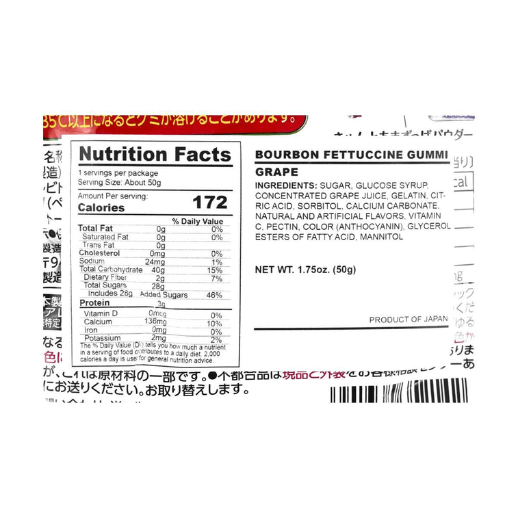 Close-up, straight-on view of the nutrition label from the Bourbon Italian Fettuccine Gummy Candy Grape 1.75 oz pouch, shown clearly against a white background.