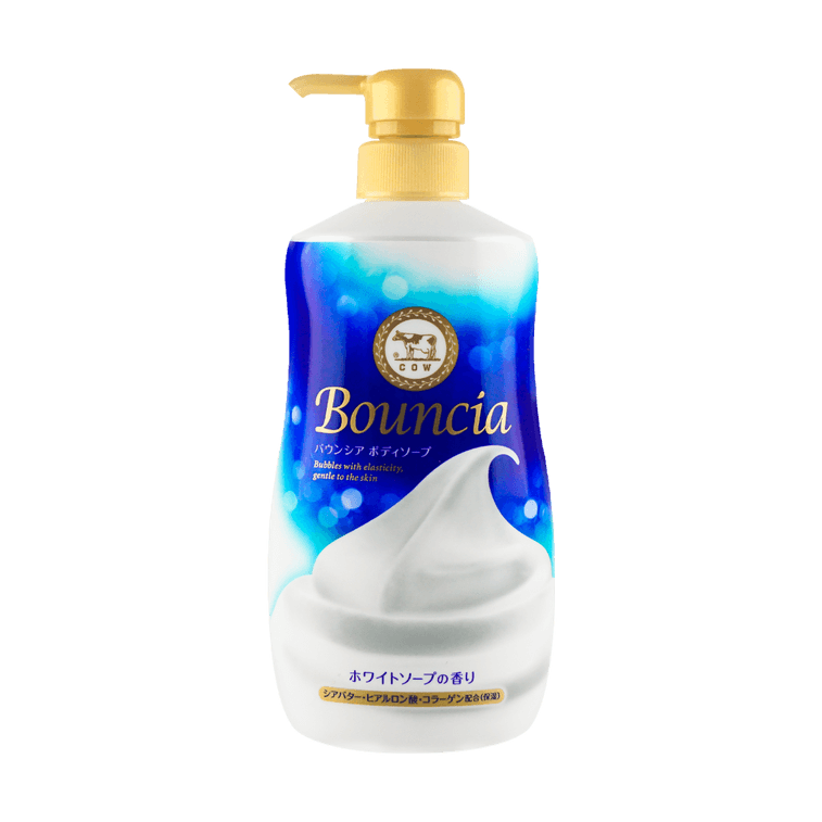 Front-facing portrait image of the COW Bouncia Milk Body Wash 480ml pump bottle, shown closed with full front graphics and branding clearly visible against a clean white background.