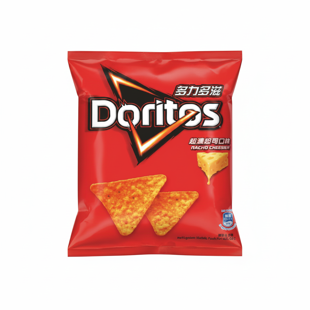 A front-facing image of a closed Doritos corn chips bag in nacho cheesier flavor, shown fully upright with clear branding and graphics on a white background.