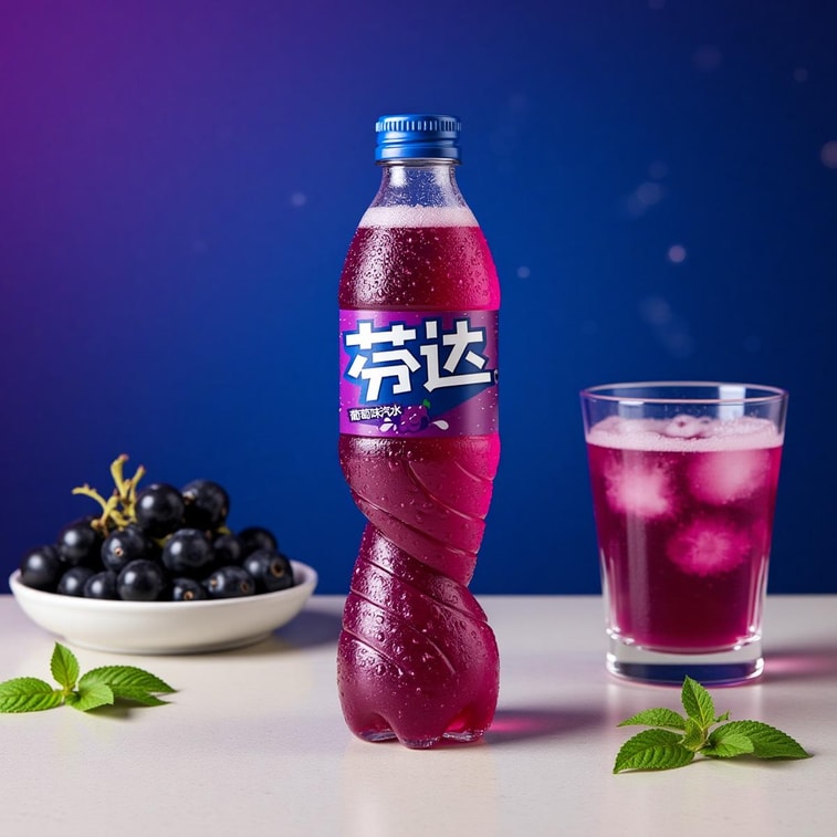 Fanta Grape Flavored Soda poured into a glass beside the 500ml bottle, highlighting the sodaâs vibrant purple color and fizzy texture against a clean white background.