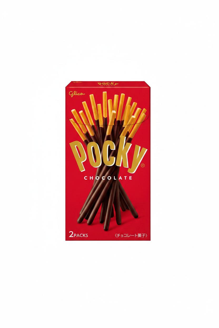 Front-facing image of GLICO Pocky chocolate biscuit sticks, showing a closed box with classic Pocky branding containing two bags on a clean white background.