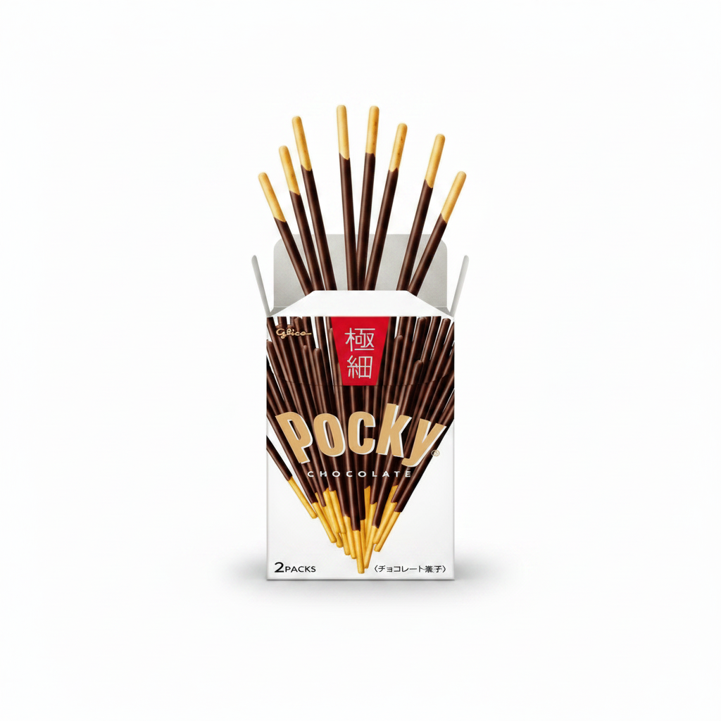 Front-facing image of GLICO Pocky ultra-thin chocolate biscuit sticks, showing a closed box with sleek Pocky branding containing two bags on a white background.