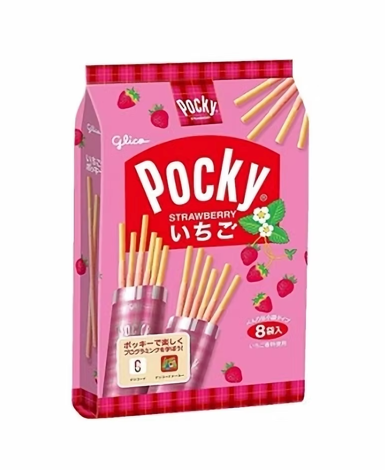 Front view of the GLICO Strawberry Pocky Share Pack 8-bag pouch, showing the closed package with bright strawberry graphics and biscuit stick imagery against a clean white background.