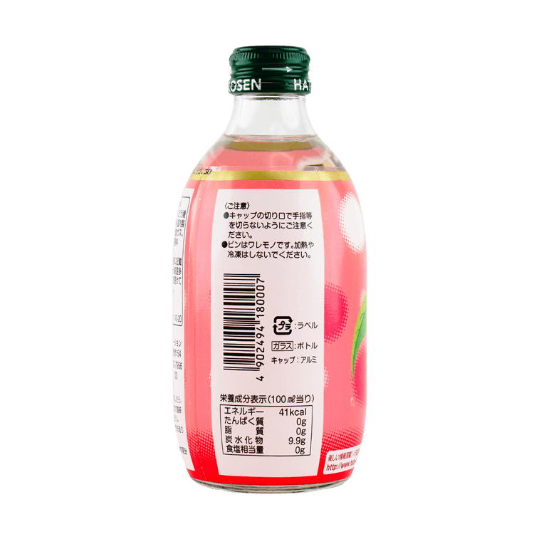 Close-up, straight-on photo of the nutrition facts label from the HATAKOSEN White Peach Flavor Soda bottle, with all printed details clear and readable on a white background.
