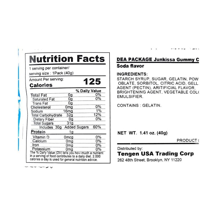 Straight-on close-up of the nutrition label from the Idea Package Junkissa Gummy Cream Soda Flavor 1.41 oz pouch, clearly displayed on a white background.