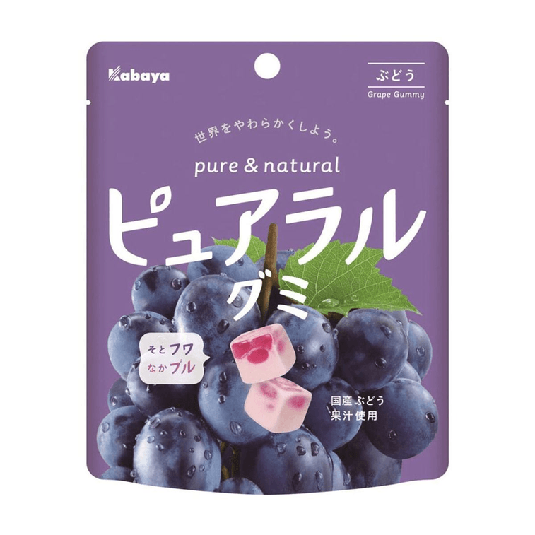 A front-facing portrait view of the Kabaya Kippah Grape Fruit Gummy 58g pouch, shown closed with full front graphics visible in a flat presentation against a clean white background with no reflections.