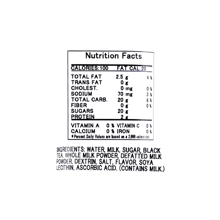 Close-up of the nutrition label for the KIRIN Gogo No Kocha Milk Tea 1.5L, shown clearly and straight on against a white background.