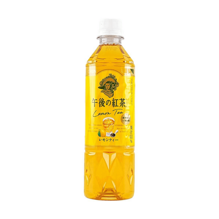 Front view of the KIRIN Lemon Tea 500ml bottle, showing the sealed bottle with bright lemon and black tea graphics against a clean white background.