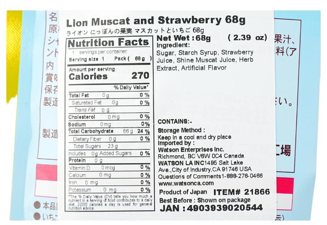 Close-up horizontal photo of the Lion Food Muscat and Strawberry candy nutrition label, captured clearly with a white background.