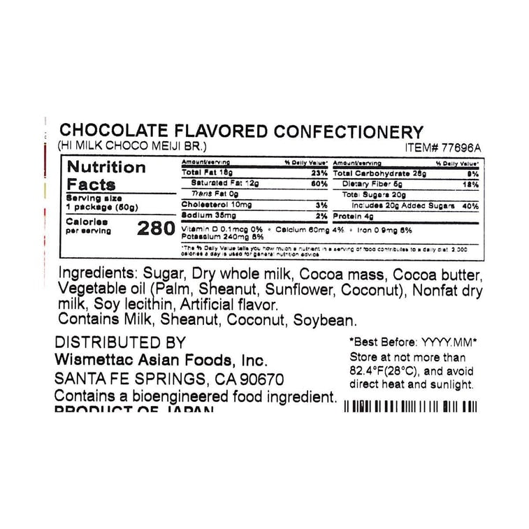 Close-up, straight-on image of the nutrition label from the MEIJI Himilk Chocolate 50g packaging, showing only the label against a white background.