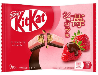 Front-facing image of NESTLE Japan KitKat strawberry chocolate, showing a closed bag with bright strawberry-themed graphics containing 9 individually wrapped wafer bars on a white background.
