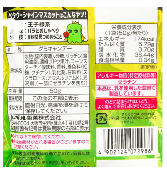Close-up image of the NOBEL Petagu Shine Muscat gummy nutrition and ingredient label, captured clearly to show detailed product information.