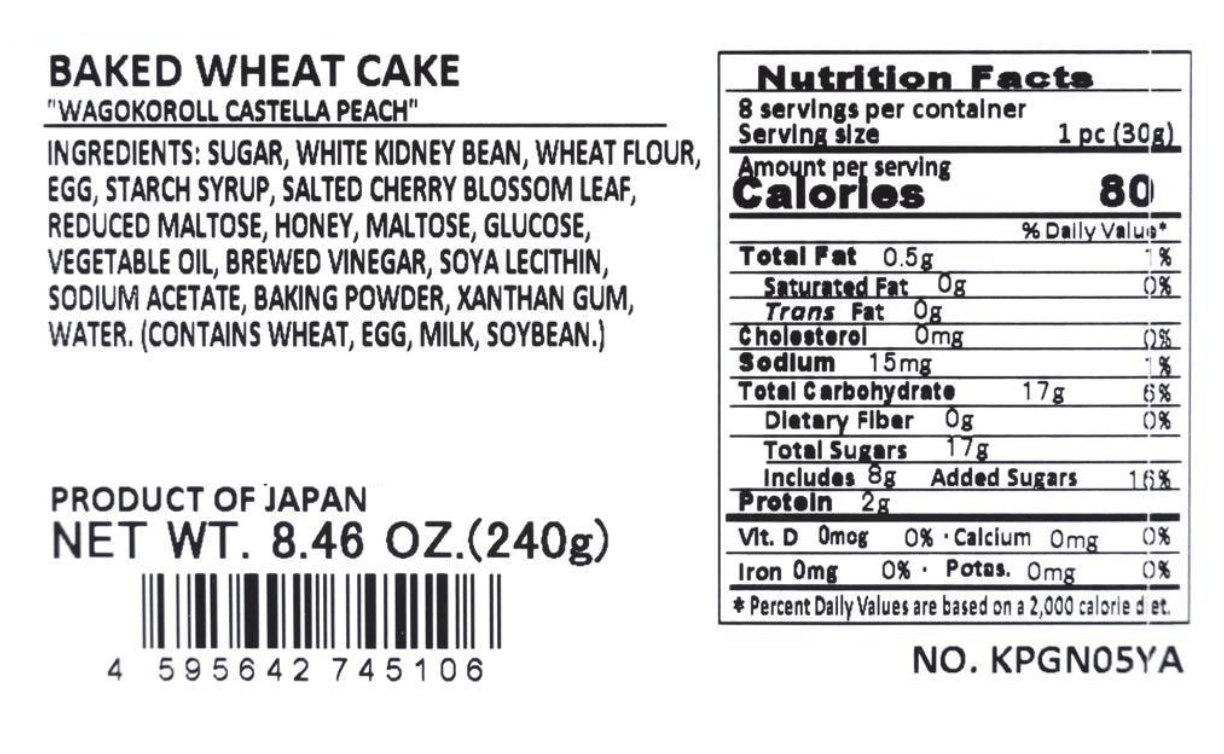 A zoomed-in close-up of the nutrition label from the PENGUIN Wagokoroll Peach Castella Cake 8.46 oz package, clearly shown against a white background.