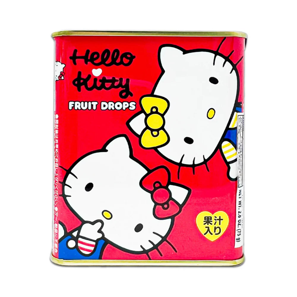 A full front-facing landscape image of the SAKUMA Hello Kitty Canned Fruit Candy 75g tin, shown closed and lying flat with the complete Hello Kitty graphics clearly visible against a clean white background.