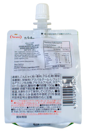 Back view of the TARAMI Suction Jelly Hokkaido Melon Flavor 150g pouch, displaying product information and instructions on the unopened package against a white background.