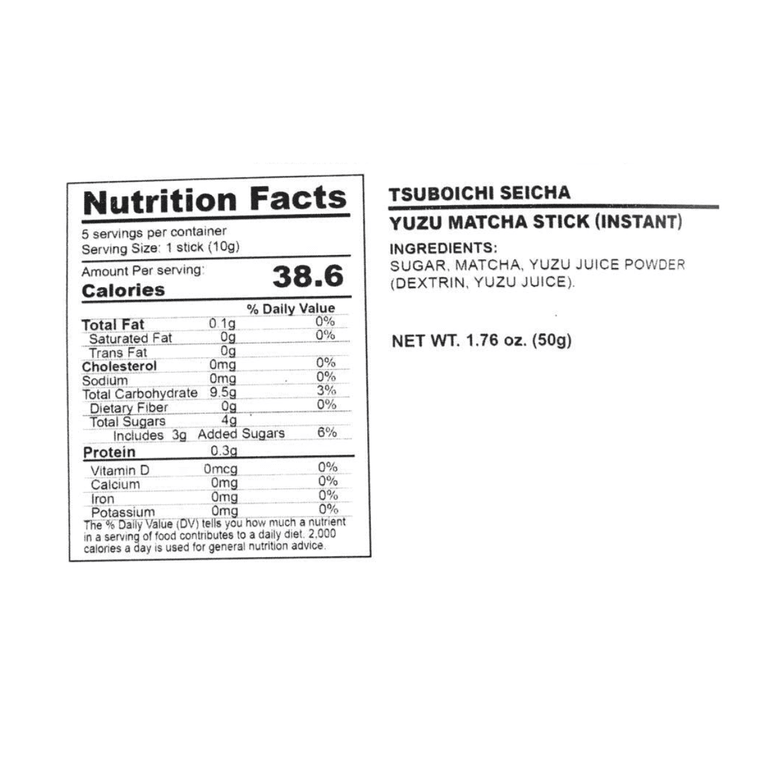 Close-up of the TSUBOICHI Yuzu Matcha Stick nutrition label, photographed straight on with clear, readable text against a white background.