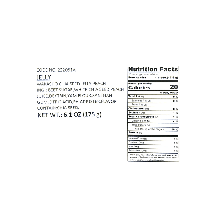 Close-up, straight-on image of the WAKASHO Chia Seed Konnyaku Jelly Peach Flavor 6.1oz nutrition label, isolated clearly on a white background.