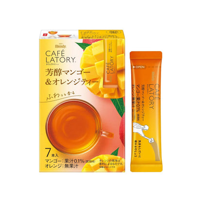 A front-facing portrait image of the AGF Blendy Cafe Latory Rich Mango & Orange fruit tea box, sealed and displayed against a white background, featuring its tropical-themed packaging.