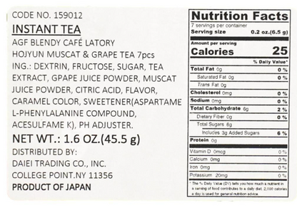 A close-up full-frame photo of the nutrition label from the AGF Blendy Cafe Latory Muscat & Grape Tea packaging, clearly displaying nutritional information.