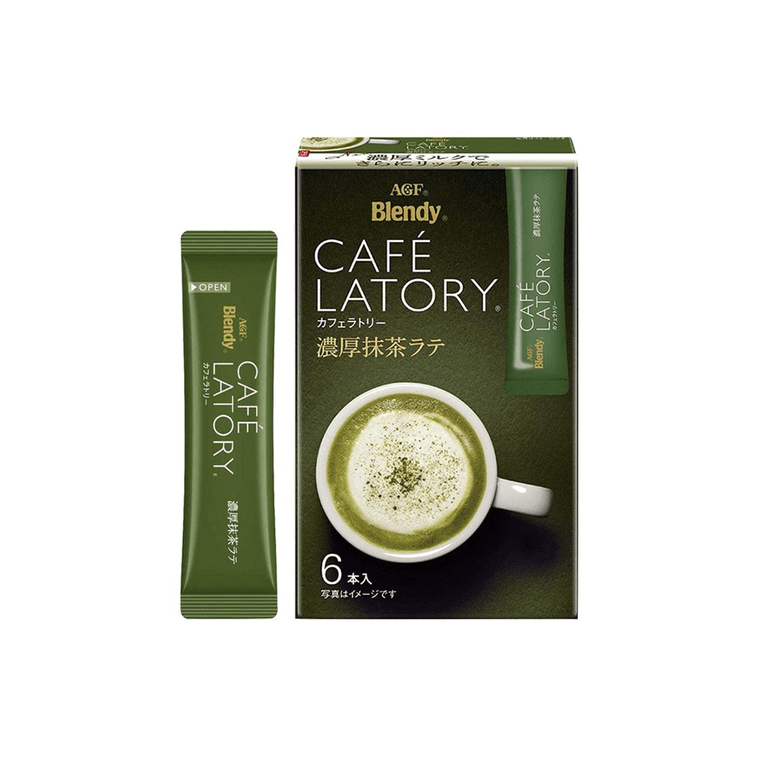 Front-facing portrait image of the AGF Blendy CAFE LATORY Thick Uji Matcha Latte box, shown flat with the entire front design and graphics clearly visible against a clean white background.