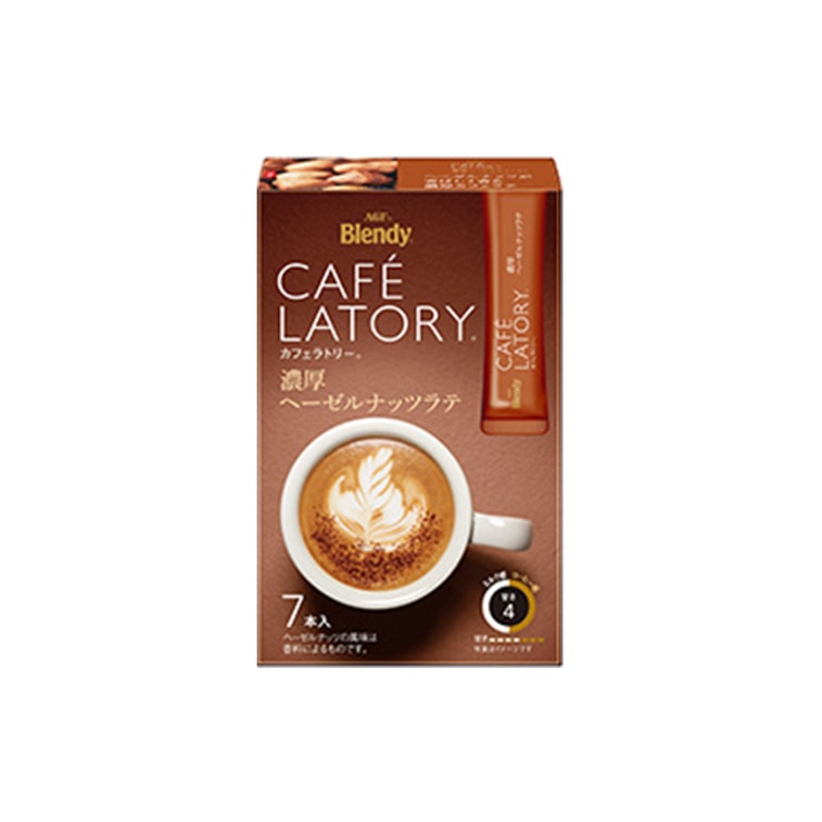 Front-facing portrait image of the AGF Cafe Latory Rich Hazelnut Latte box, shown flat with the entire front design and graphics clearly visible against a clean white background.