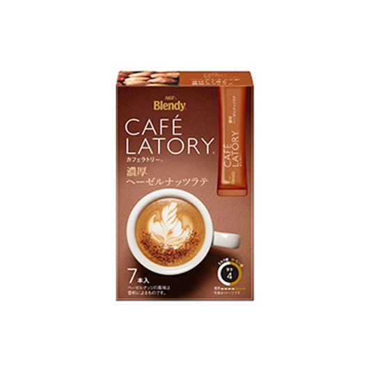 Front-facing portrait image of the AGF Cafe Latory Rich Hazelnut Latte box, shown flat with the entire front design and graphics clearly visible against a clean white background.