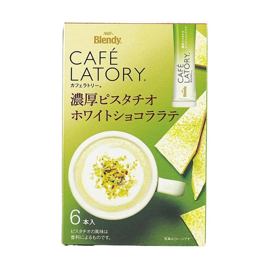 Front-facing portrait image of the AGF Cafe Latory Rich Pistachio White Chocolate box, shown flat with the full front design and graphics clearly visible against a clean white background.