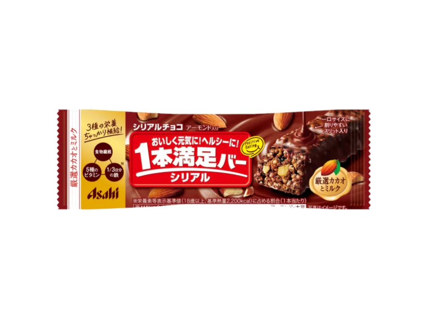 Front view of the ASAHI Ippon Manzoku Cereal Chocolate Bar packaging, shown sealed in a landscape orientation against a clean white background.