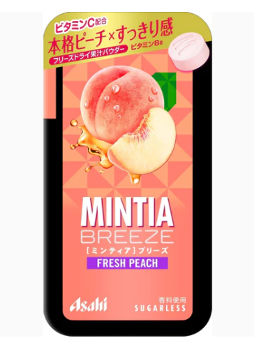 Front-facing portrait view of the ASAHI Fresh Peach Mintia tablets package, sealed and displayed clearly against a white background.