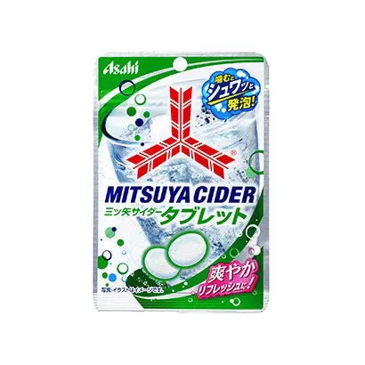 Front-facing portrait view of the ASAHI Mitsuya Cider Tablet Candy 27g pouch, shown sealed with full front graphics visible against a clean white background.