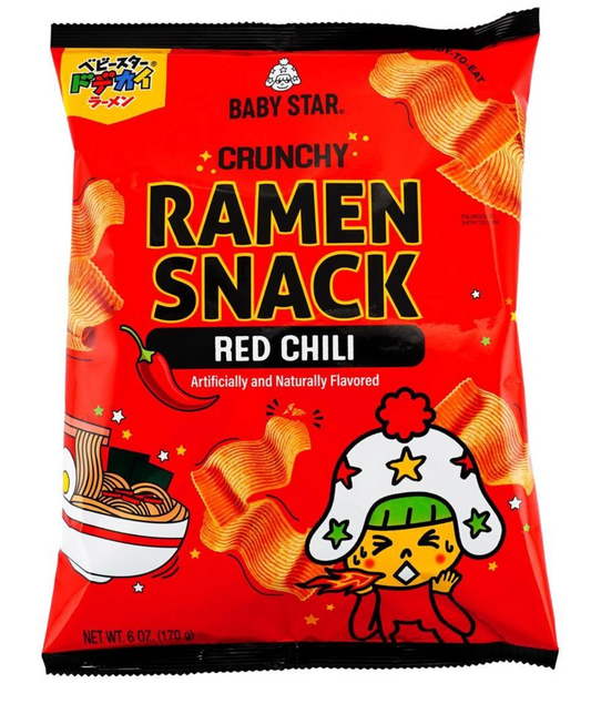 Front-facing portrait image of the closed BABYSTAR Snack Wide Ramen Red Chili 6oz bag on a white background, featuring the spicy red chili ramen noodle snack packaging.
