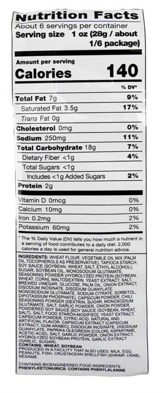 Close-up zoomed image of the nutrition label from the BABYSTAR Snack Wide Ramen Snack Red Chili 6oz package on a white background.