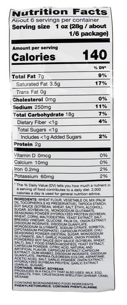 Close-up zoomed image of the nutrition label from the BABYSTAR Snack Wide Ramen Snack Red Chili 6oz package on a white background.