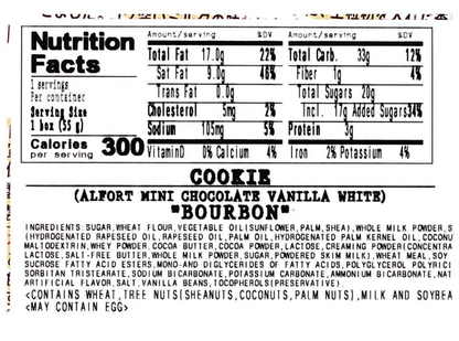 A close-up zoomed image of the nutrition label from the BOURBON Alfort Mini Vanilla White Chocolate-filled Biscuits 1.93 oz packaging, showing detailed nutritional information clearly.