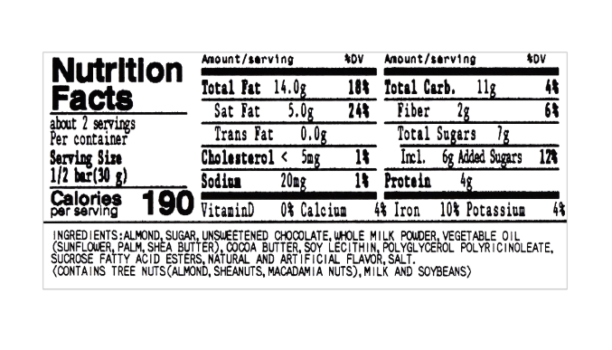 Close-up portrait image of the nutrition label from the BOURBON Almond Rush Milk Chocolate Covered Almonds box, clearly shown on a white background.