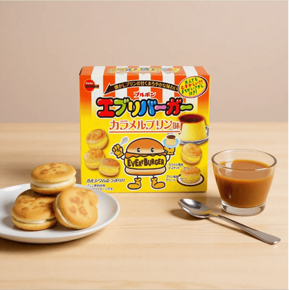 BOURBON Every Burger Caramel Pudding Flavor cookies displayed outside of the packaging, showcasing the mini burger-shaped cookie design and filling.