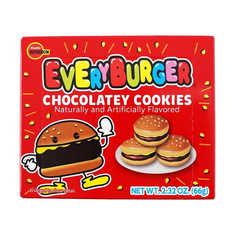 Front view of the BOURBON Every Burger Chocolatey Cookies 66g box, shown closed and upright in portrait orientation on a clean white background.