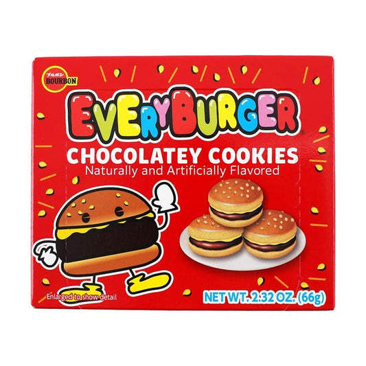 Front view of the BOURBON Every Burger Chocolatey Cookies 66g box, shown closed and upright in portrait orientation on a clean white background.