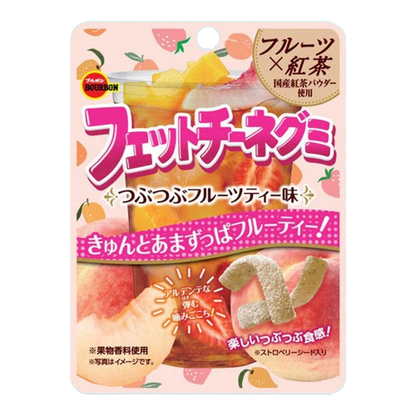 A front-facing portrait view of the BOURBON Fettuccine Gummy Fruit Tea 47g pack, shown sealed against a clean white background.