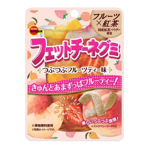 A front-facing portrait view of the BOURBON Fettuccine Gummy Fruit Tea 47g pack, shown sealed against a clean white background.