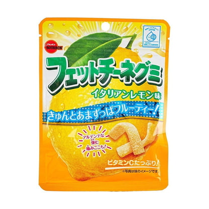 Front-facing image of the Bourbon Fettuccine Jelly Gummy Candy Italian Lemon 1.76 oz pouch, shown upright with full front graphics on a clean white background.