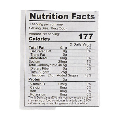 Close-up, straight-on view of the nutrition label from the Bourbon Fettuccine Jelly Gummy Candy Italian Lemon 1.76 oz pouch, shown clearly against a white background.