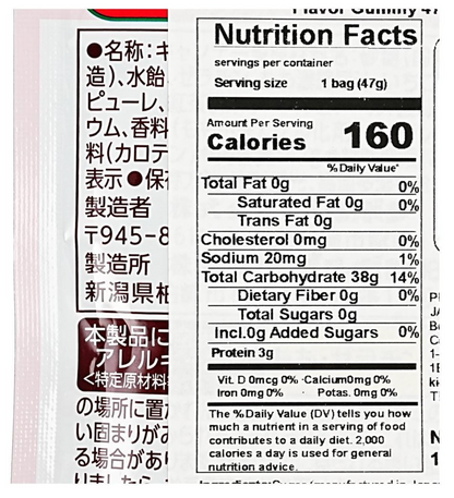 A close-up zoomed image of the nutrition label from the BOURBON Fettuccine Gummy Fruit Tea 47g packaging, showing detailed product information.