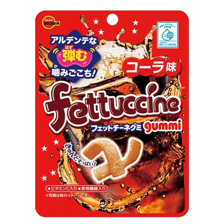 Front-facing image of the Bourbon Fettuccine Jelly Drops Cola 50g pouch, shown upright with full front graphics on a clean white background.