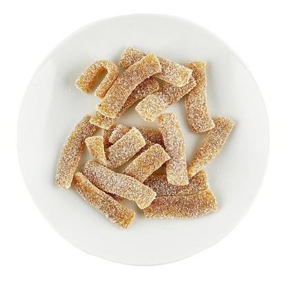 The BOURBON Fettuccine Gummy Fruit Tea 47g product displayed outside its packaging, highlighting the gummy candy’s texture and presentation.