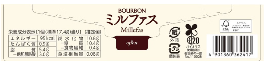 Back view of the BOURBON Millefas hazelnut cream sandwich wafers box, displayed horizontally in landscape format against a clean white background.