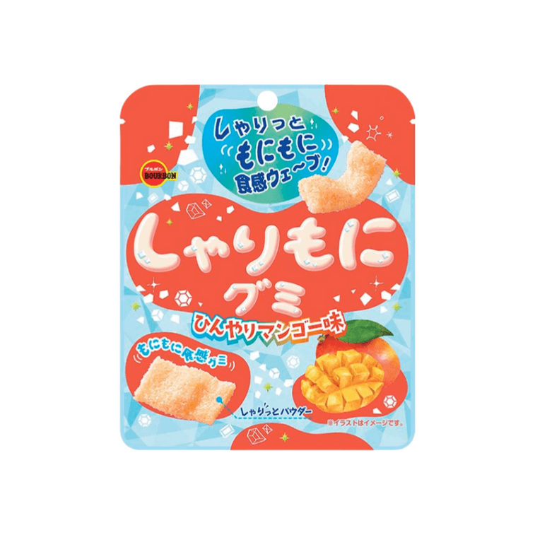 Front-facing portrait image of the BOURBON Shari-Moni Chilled Mango Flavor gummy bag, sealed and displayed on a clean white background.