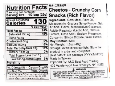 Close-up image of the nutrition facts label from the CHEETOS double rich cheese crunchy corn snacks package, shown straight on with clear text against a white background.