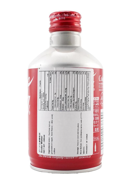 Close-up photo of the Coca Cola Original 300ml bottle can, highlighting the texture, branding, and overall design details against a white background.